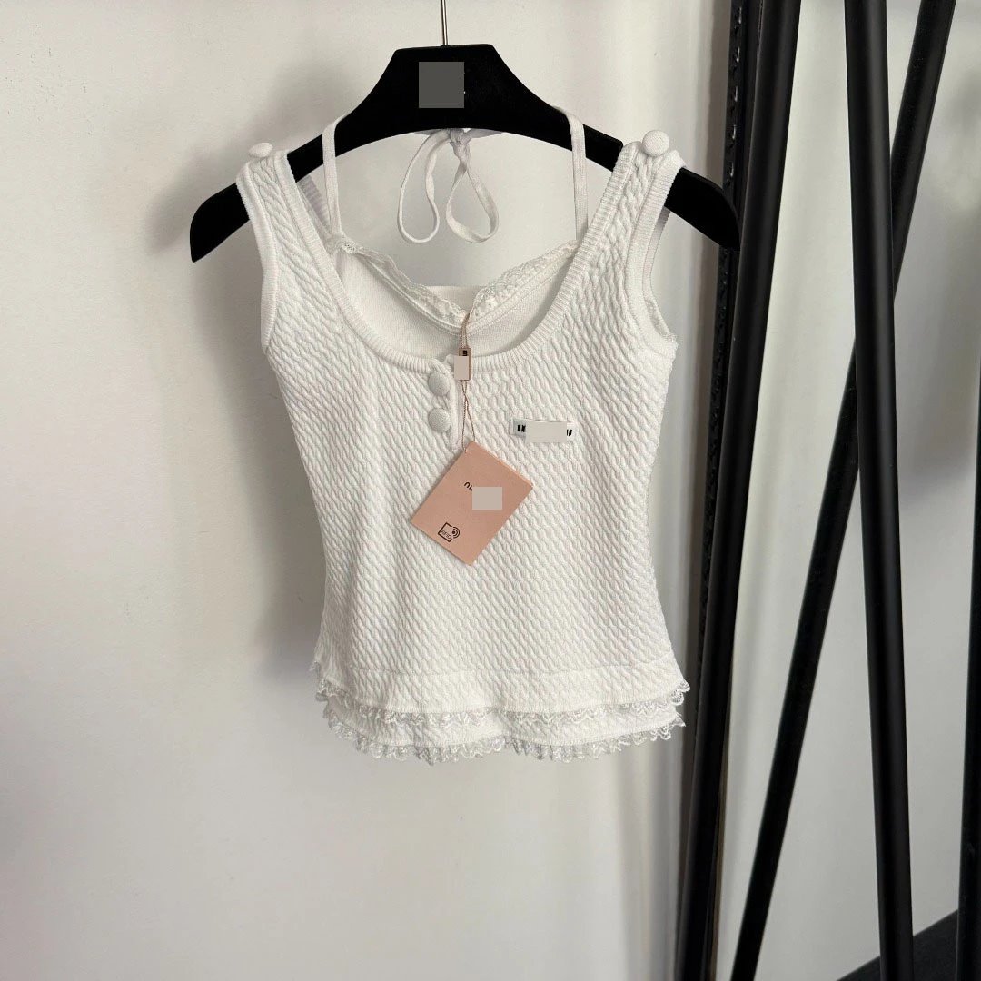 MMY Textured Lace Trim Knit Vest-Top White - 4