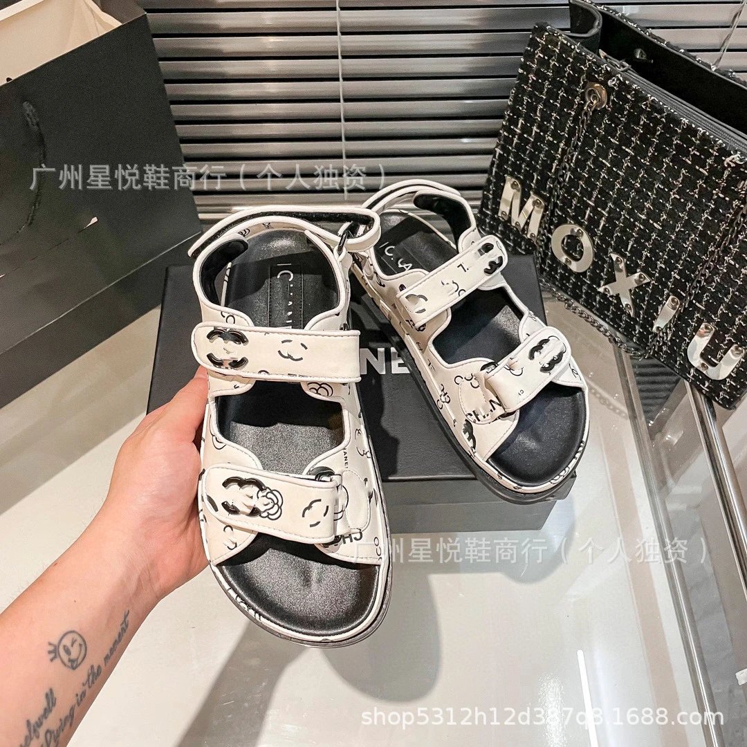 Chanel CC Logo Print White Sandals with Black Sole - 19