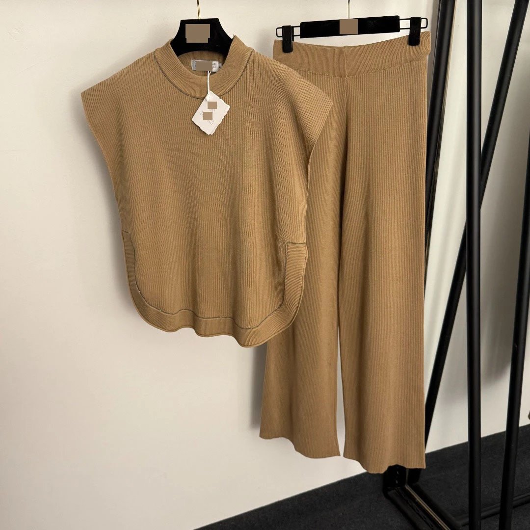 Design Ribbed Knit Two-Piece Set Beige Vest Top and Wide-Leg Pants - 5