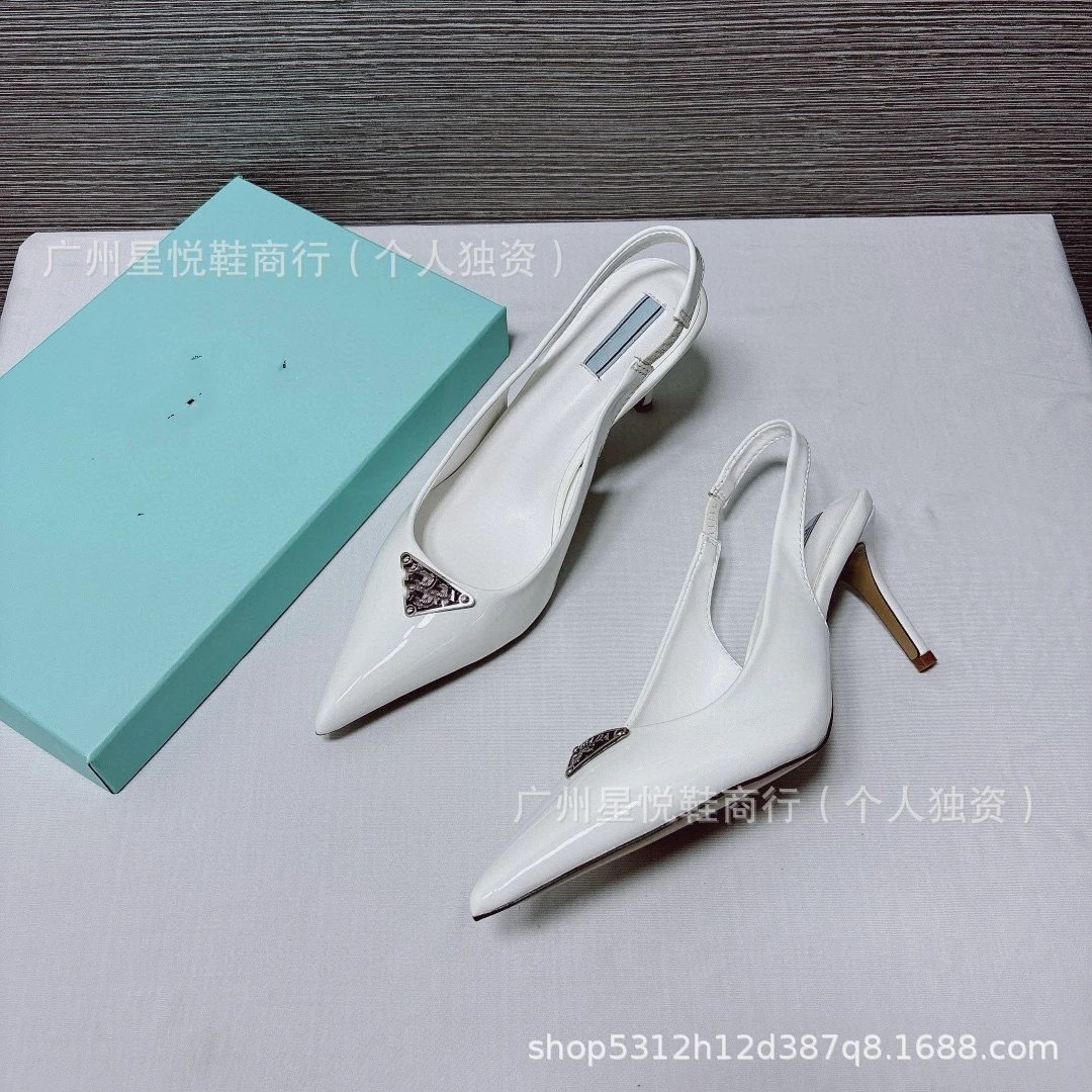 Prada Triangle Logo Patent Leather Slingback Stilettos Black Heels - 15