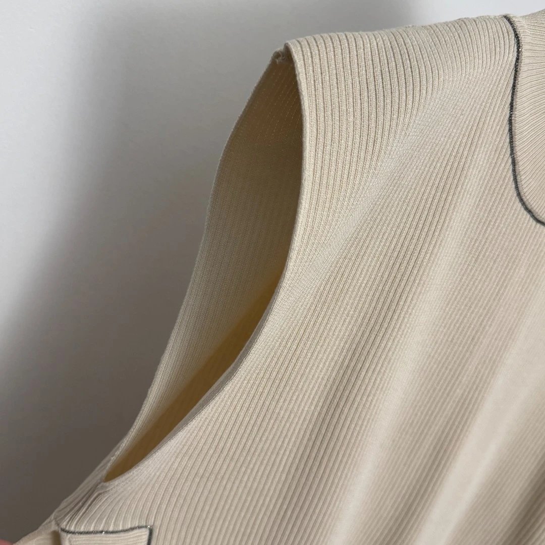 Design Ribbed Knit Two-Piece Set Beige Vest Top and Wide-Leg Pants - 12