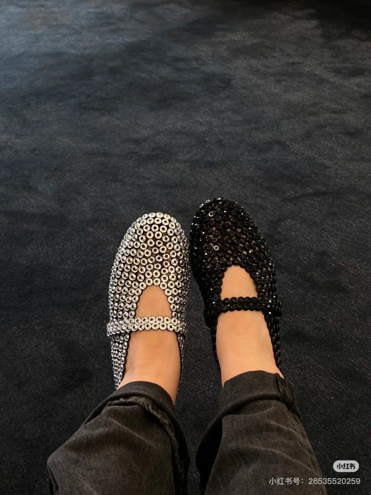 ALA Mary Jane Loafers Black Sequin Embellished Shoes - 5