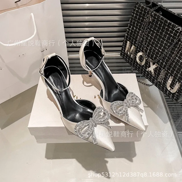 Unbranded High Heels Pointed-Toe Ankle-Strap Pumps with Rhinestone Bow product detail image 3