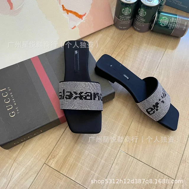 Alexander Wang Slippers Rhinestone Logo Square-Toe Slide product detail image 9