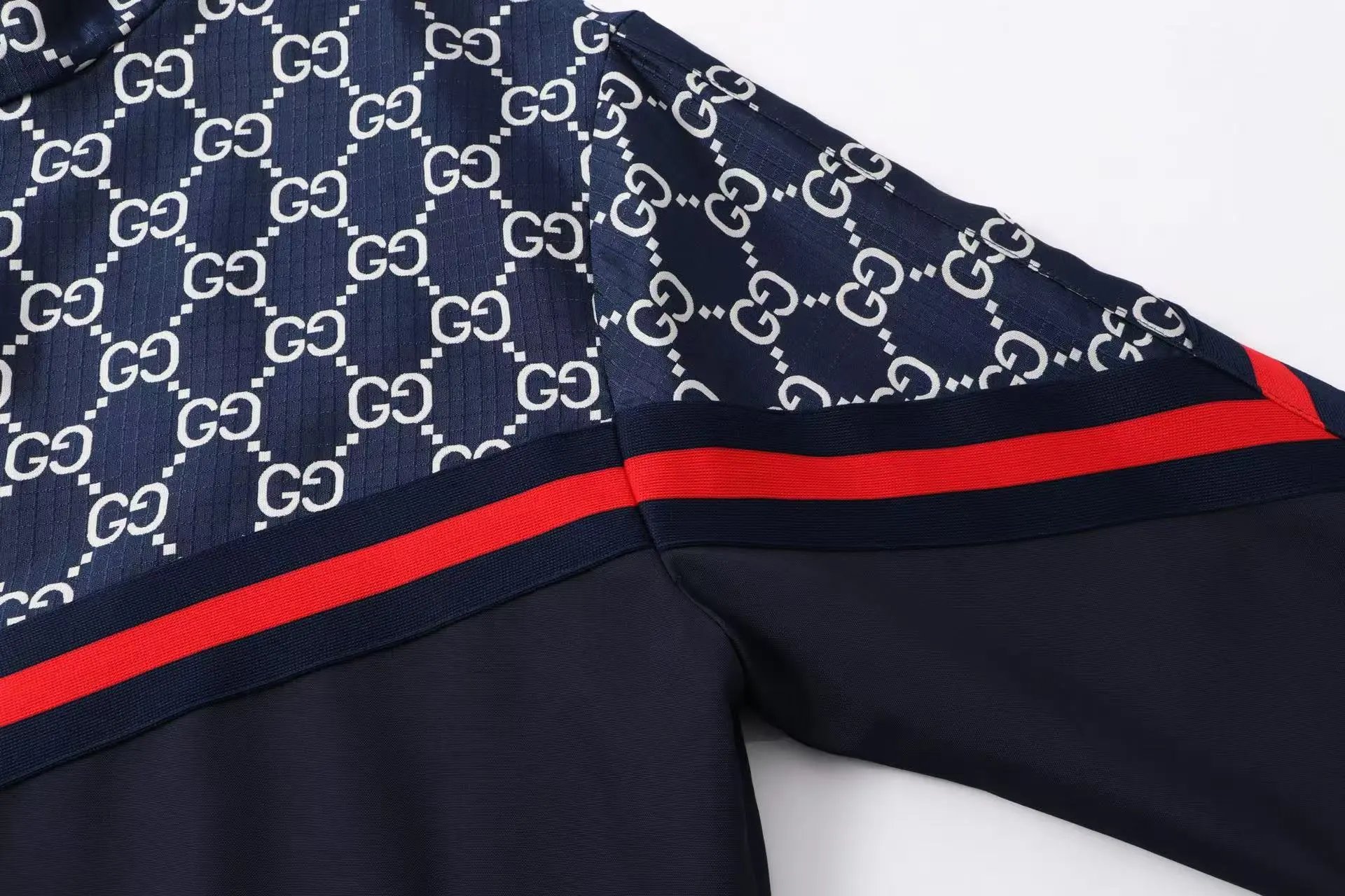 Gucci GG Monogram Windbreaker Navy Blue Red Stripe Jacket - 5
