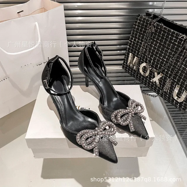 Unbranded High Heels Pointed-Toe Ankle-Strap Pumps with Rhinestone Bow product detail image 11