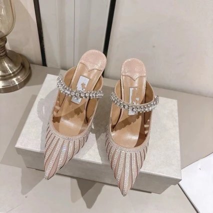 Crystal-Embellished Pointed-Toe Mule Heel in Light Pink - 3