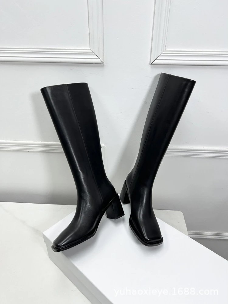 Black Square-Toe Knee-High Block Heel Boots - 14