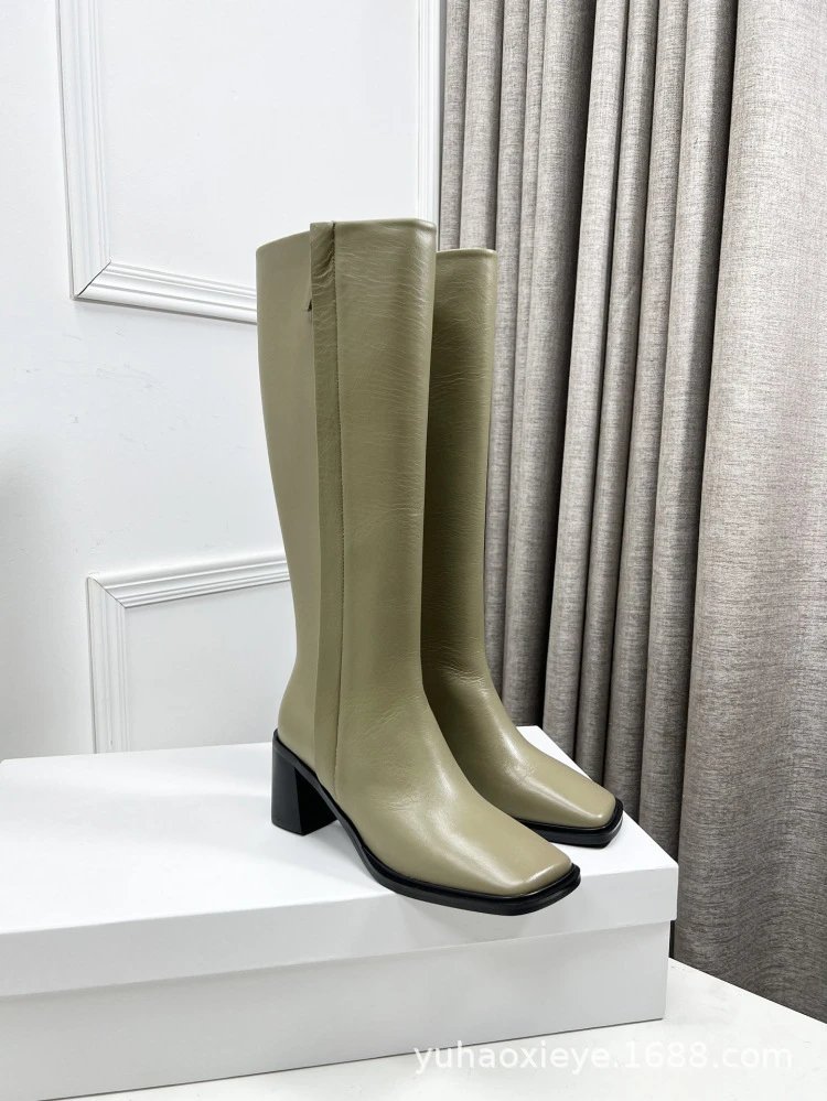 Black Square-Toe Knee-High Block Heel Boots - 21