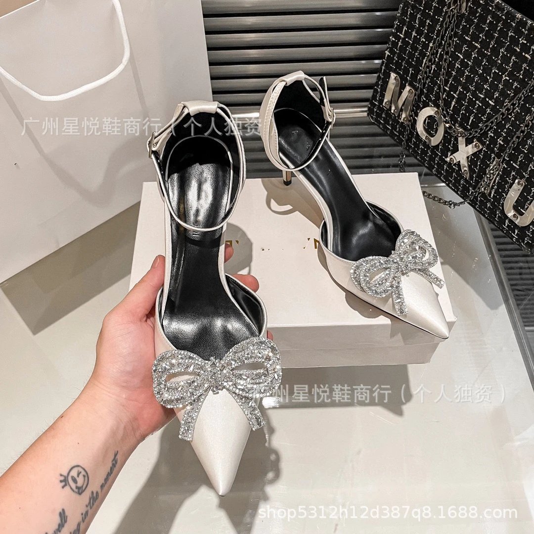 MOXIU Pearl Bow Embellished Pointed-Toe Stiletto Heels Black - 5