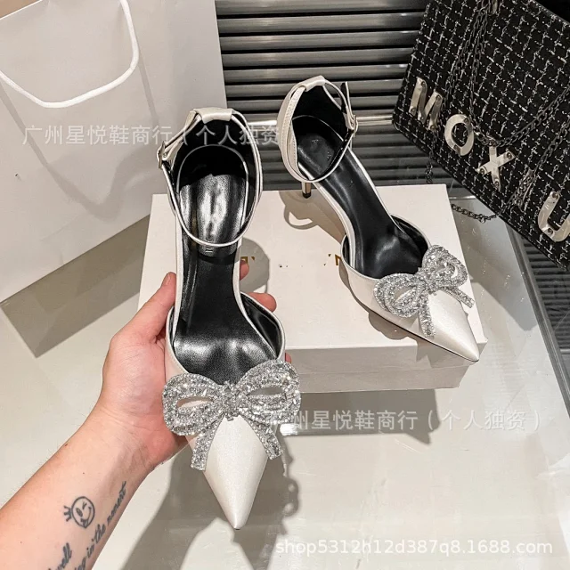 Unbranded High Heels Pointed-Toe Ankle-Strap Pumps with Rhinestone Bow product detail image 4