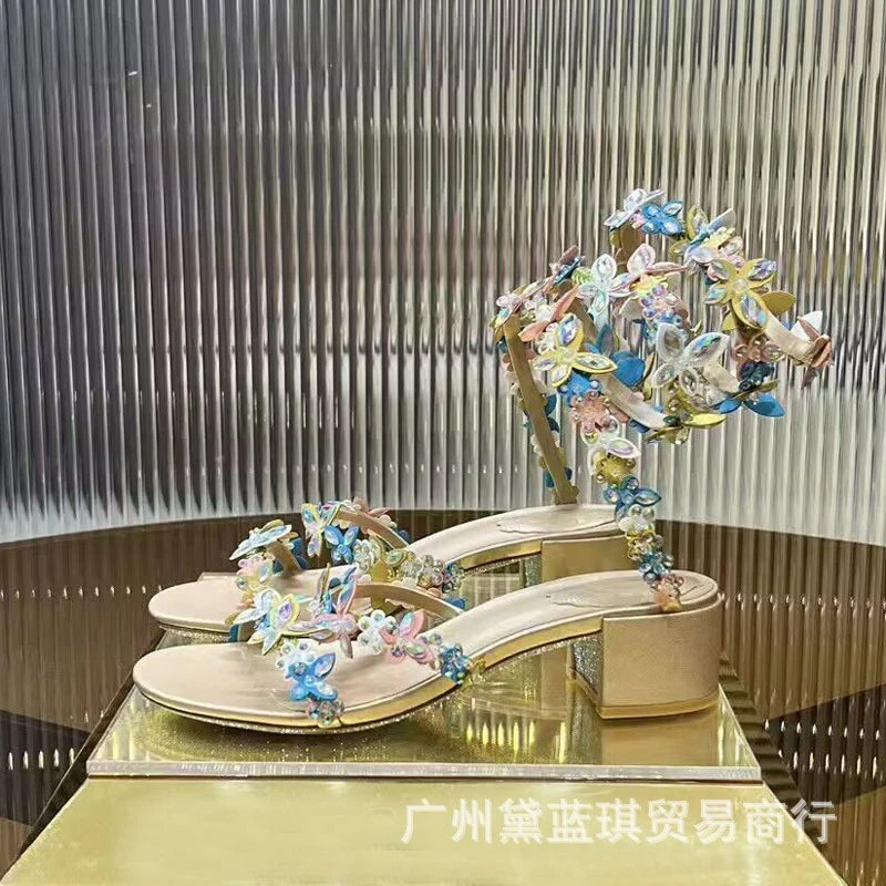 Handcrafted Floral Embellished Lilac Block Heel Sandals - 10