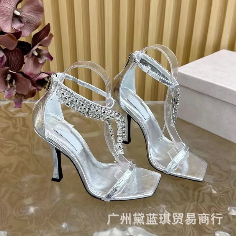 2025 New Square-Toe Rhinestone Chain High-Heel Strappy Women's Sandals with Thin Heels, Sexy Open-Toe Patent Leather Back-Zipper Style: findsindex.com