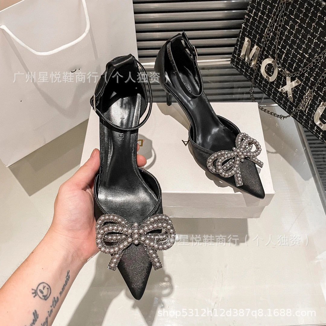 MOXIU Pearl Bow Embellished Pointed-Toe Stiletto Heels Black - 14