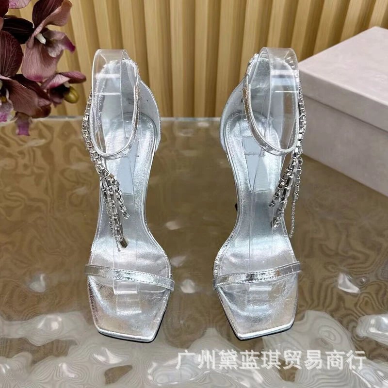 Transparent Strap Chain-Embellished Black Square-Toe Stiletto Heels - 8