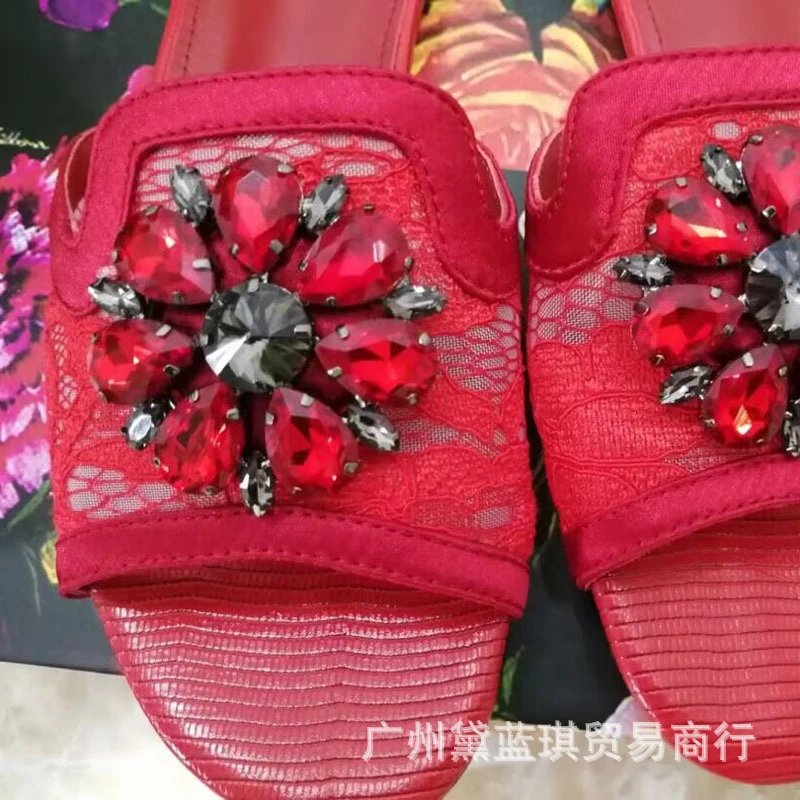 Dolce & Gabbana Floral Embellished Black Lace Slippers - 10