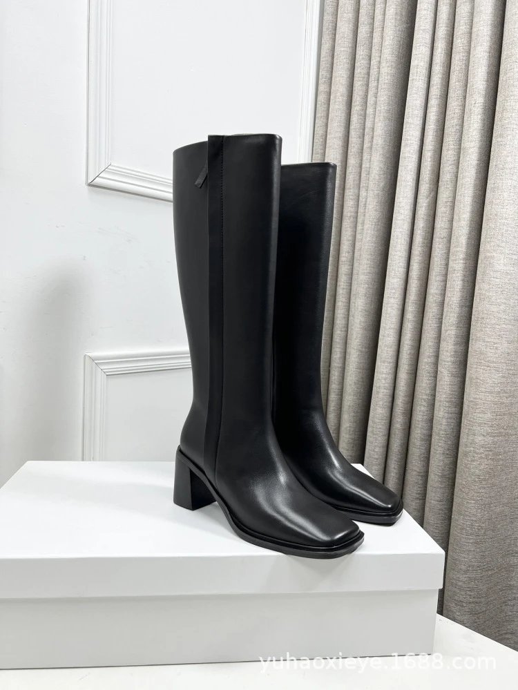 Black Square-Toe Knee-High Block Heel Boots - 12