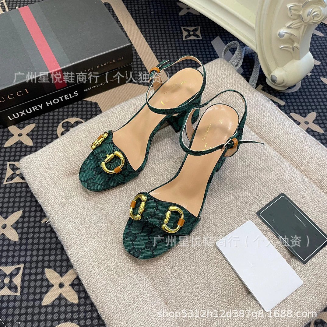 Gucci Horsebit Sandals Black Gold Block Heels - 23