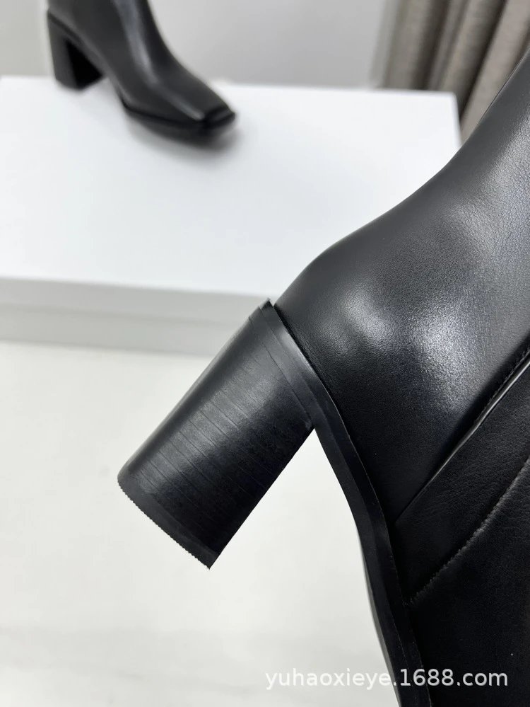 Black Square-Toe Knee-High Block Heel Boots - 16