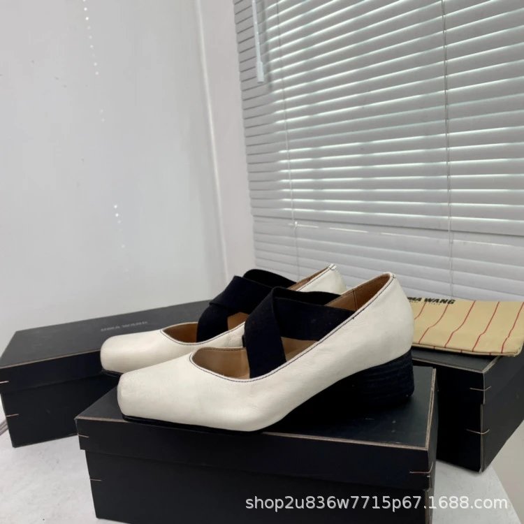 UMA WANG Square-Toe Mary Jane Heels Beige Leather Shoes - 18