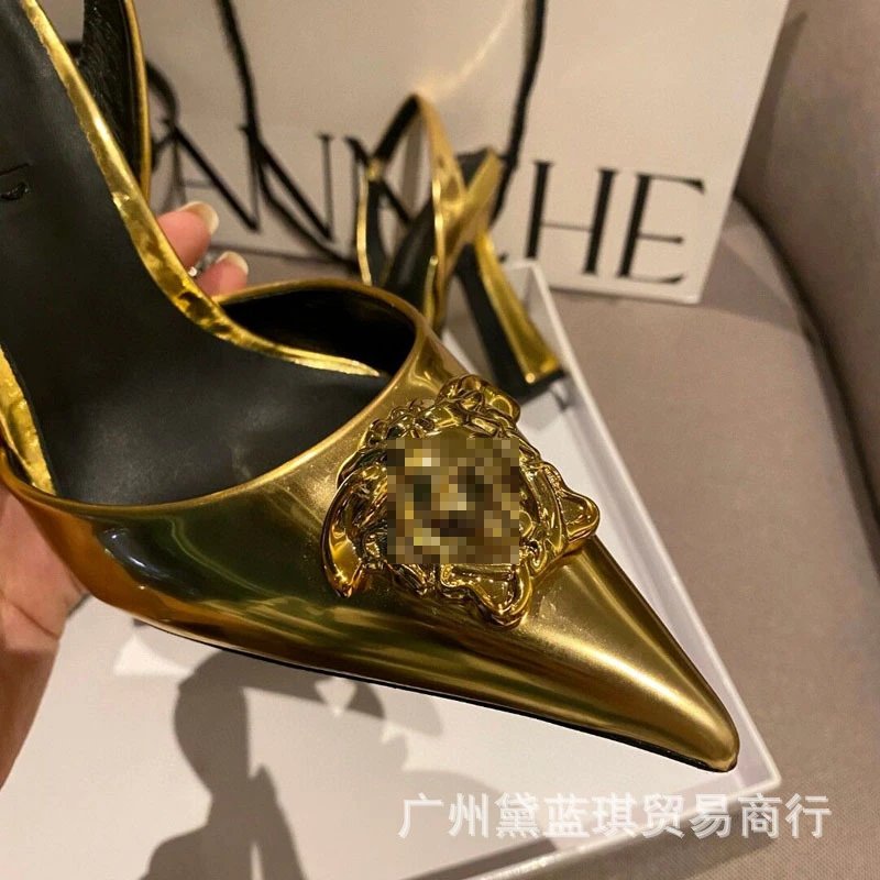 Versace Medusa Slingback Heels Gold Metallic Stilettos - 9