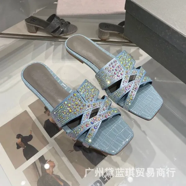 Design Crystal-Embellished Croc-Texture Slide Sandals in Sky Blue - 1