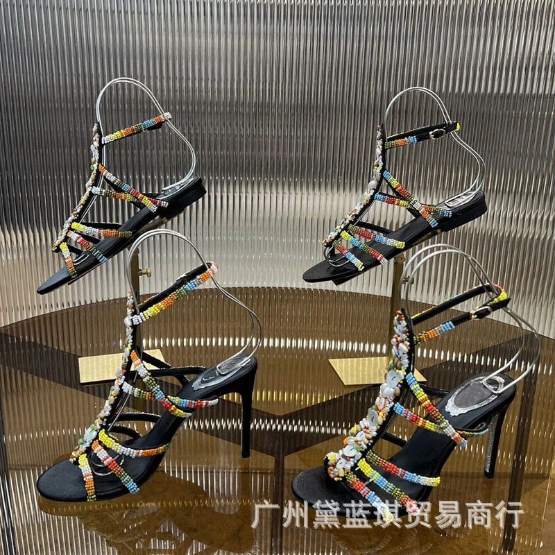 Multicolor Beaded Gladiator Sandals with Metal Straps Black Heels - 4
