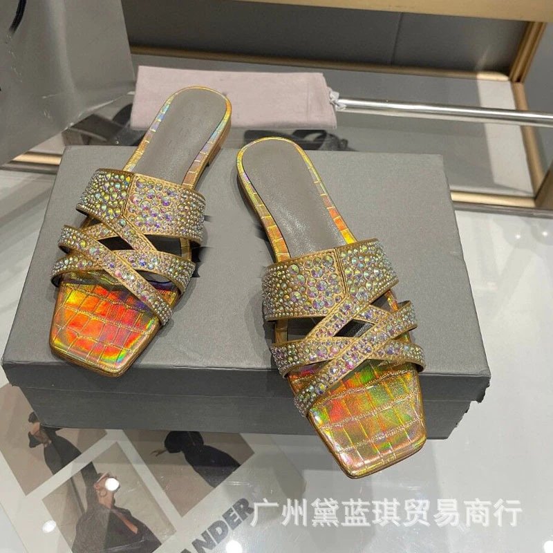 Red Crystal-Embellished Croc-Print Slide Sandals - 7