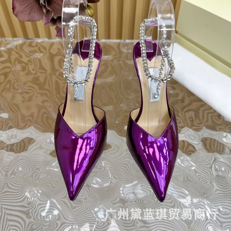Purple Patent Leather Stiletto Heels with Crystal-Embellished Clear Strap Heels - 8