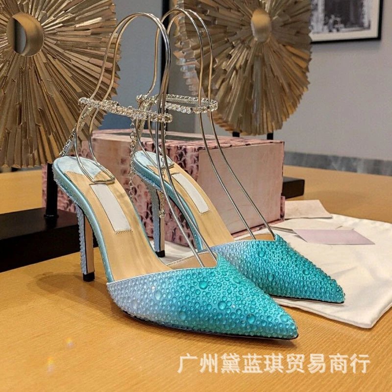 Emerald Crystal-Embellished Stiletto Heels with Gold Wire Straps - 11