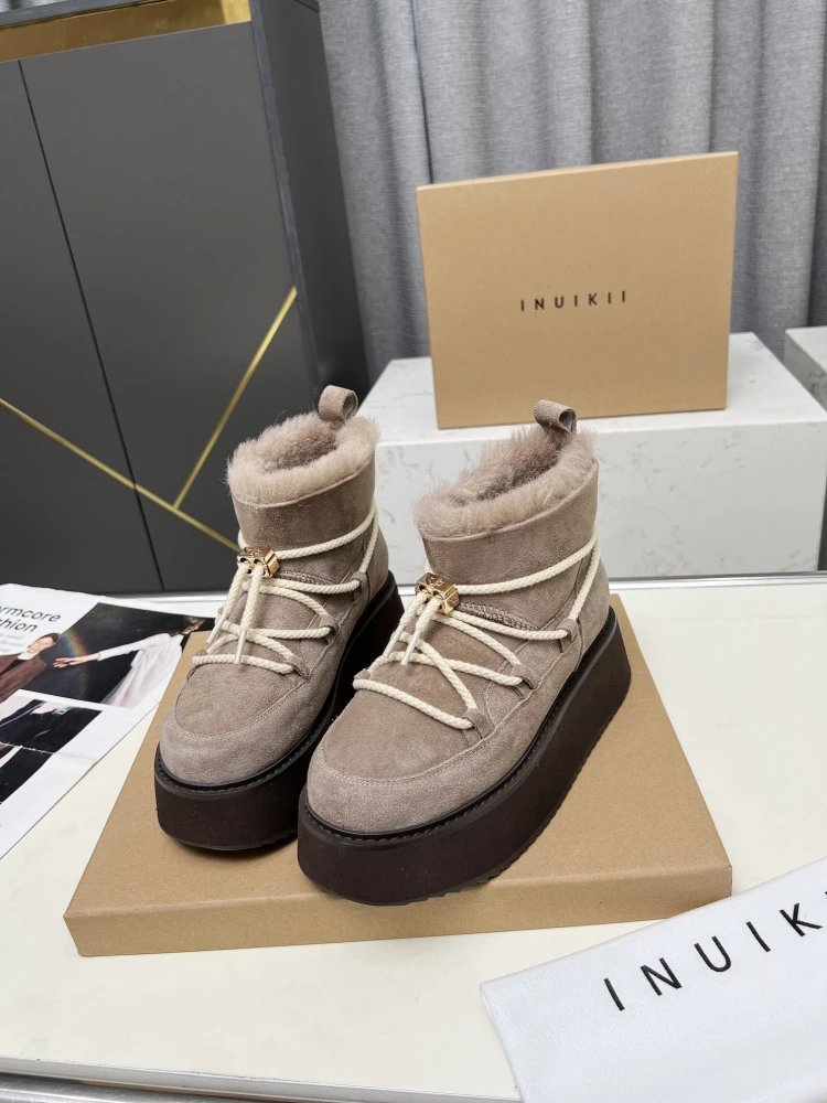 INU IKII Platform Shearling-Lined Ankle Boots Beige - 20