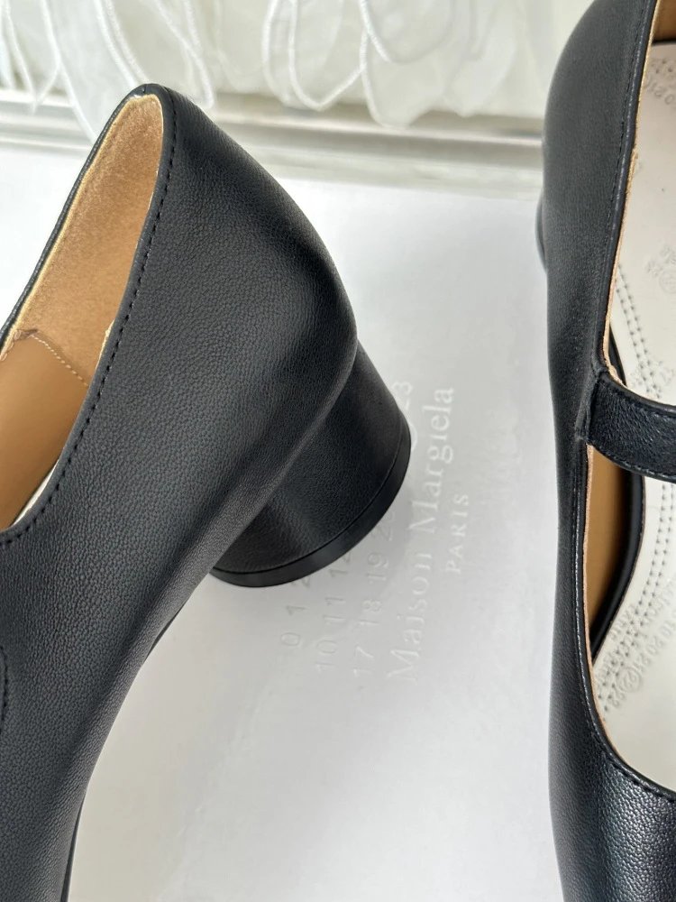 Black Mary Jane Block Heel Leather Shoes - 8