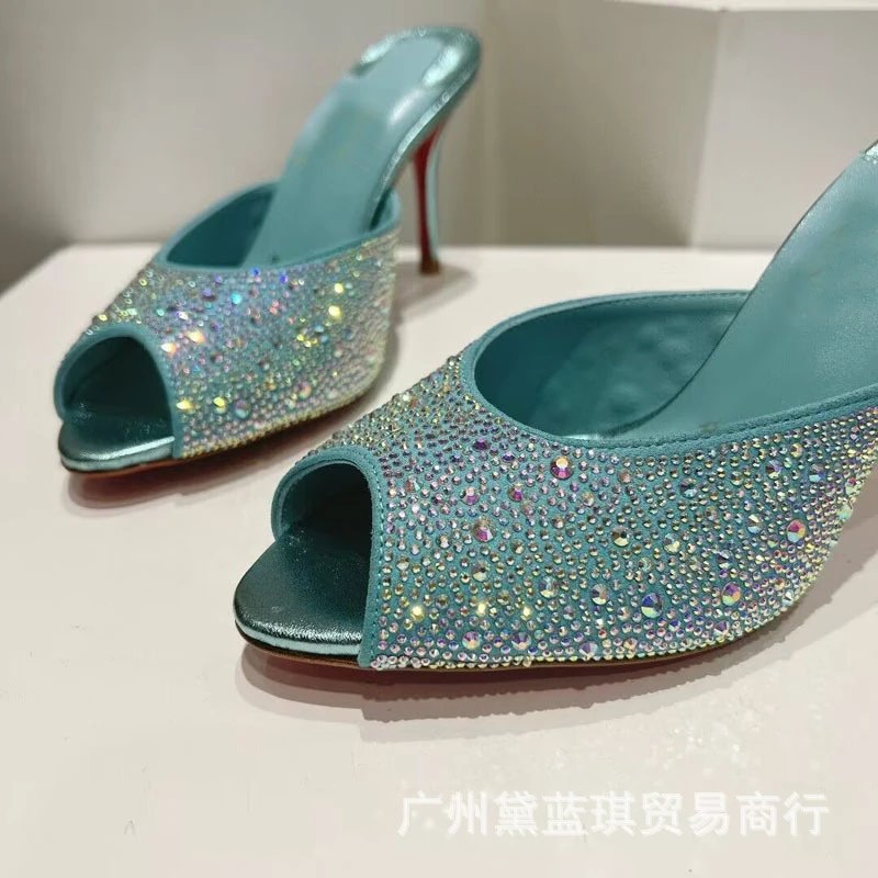 Christian Louboutin Daffodile Crystal-Embellished Gold Peep-Toe Mules - 9