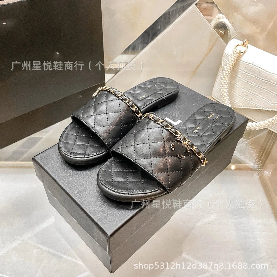 Chanel-inspired Quilted Chain Slide Sandals Beige Slippers - 9