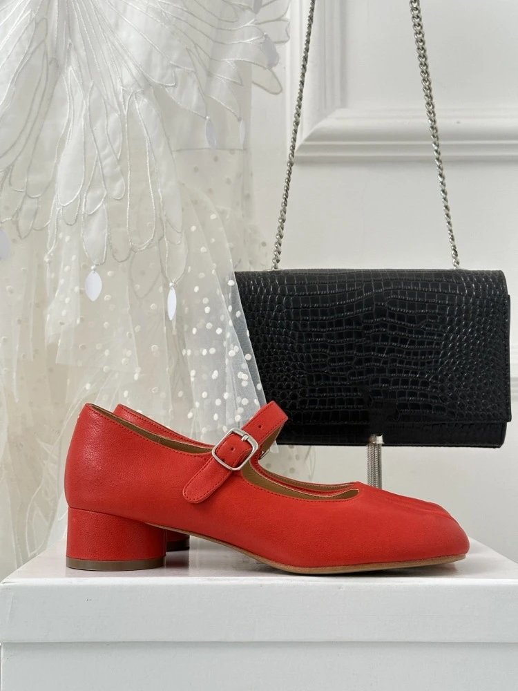 Black Mary Jane Block Heel Leather Shoes - 9
