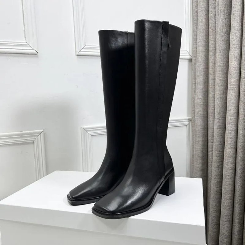 Black Square-Toe Knee-High Block Heel Boots