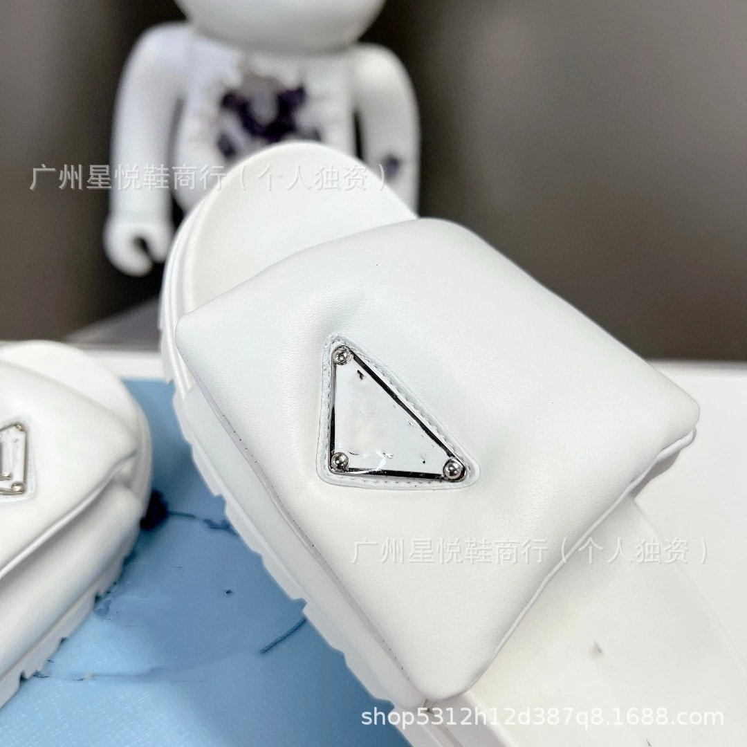 Prada Triangle Logo Slide Sandals White Slippers - 16