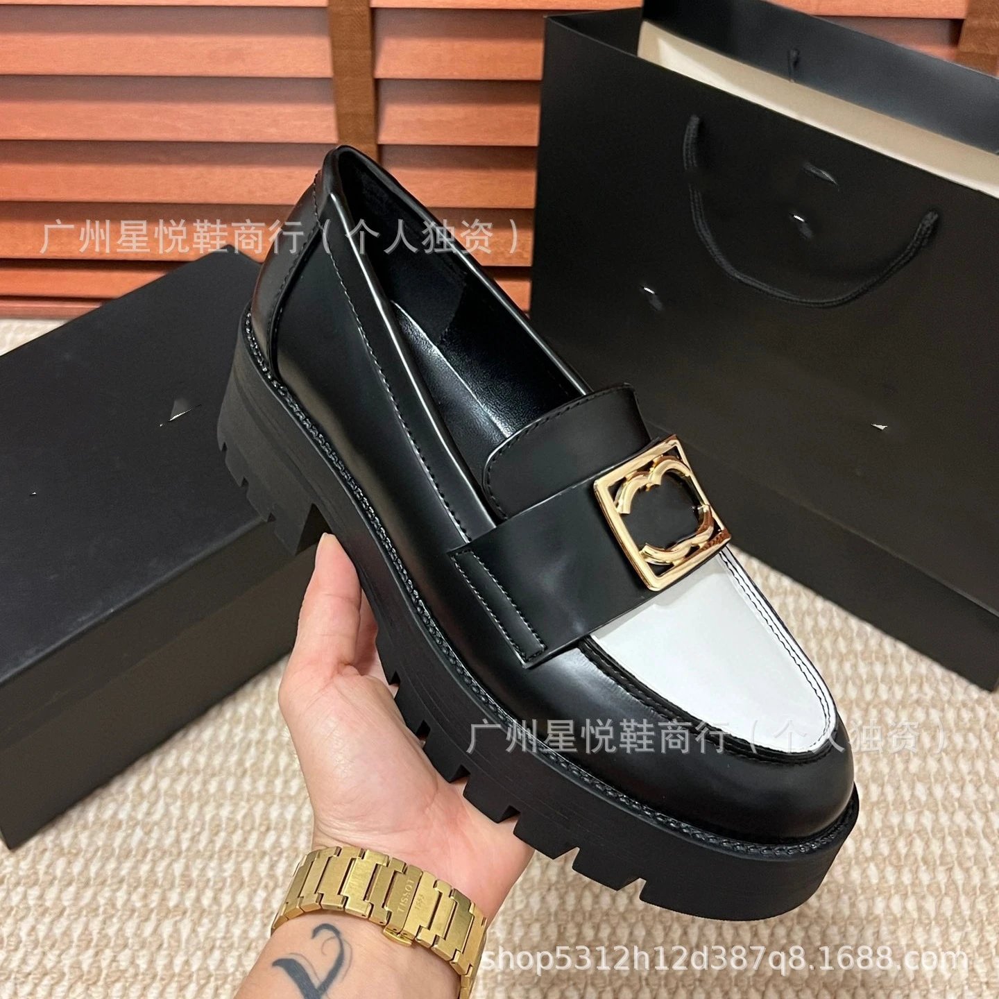 Chanel-inspired Chunky Loafer with Gold CC Buckle Black Loafers - 4