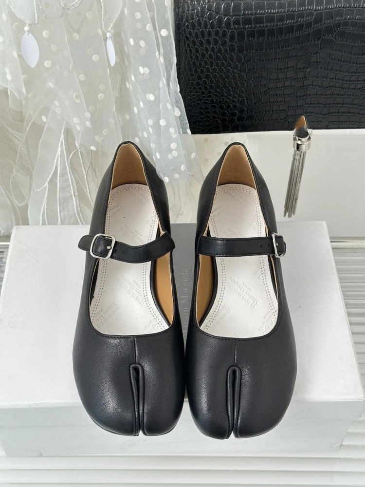 Black Mary Jane Block Heel Leather Shoes - 6