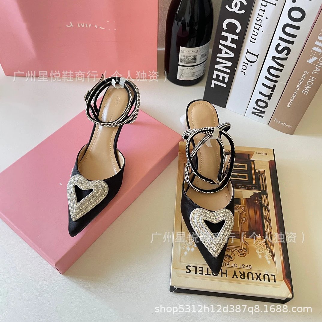 Heart-Embellished Strappy Mule Heels Black - 9