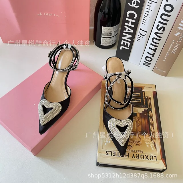 Unbranded High Heels Pointed-Toe Satin Pumps with Rhinestone Heart Detail and Ankle Wrap Straps product detail image 8