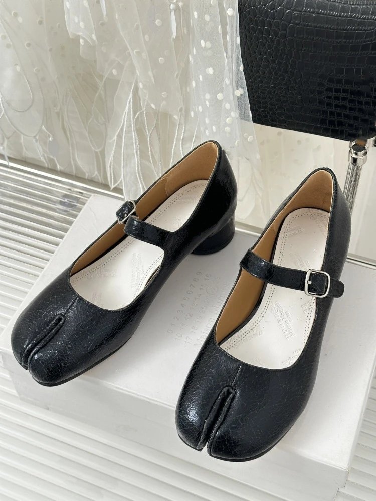 Black Mary Jane Block Heel Leather Shoes - 26