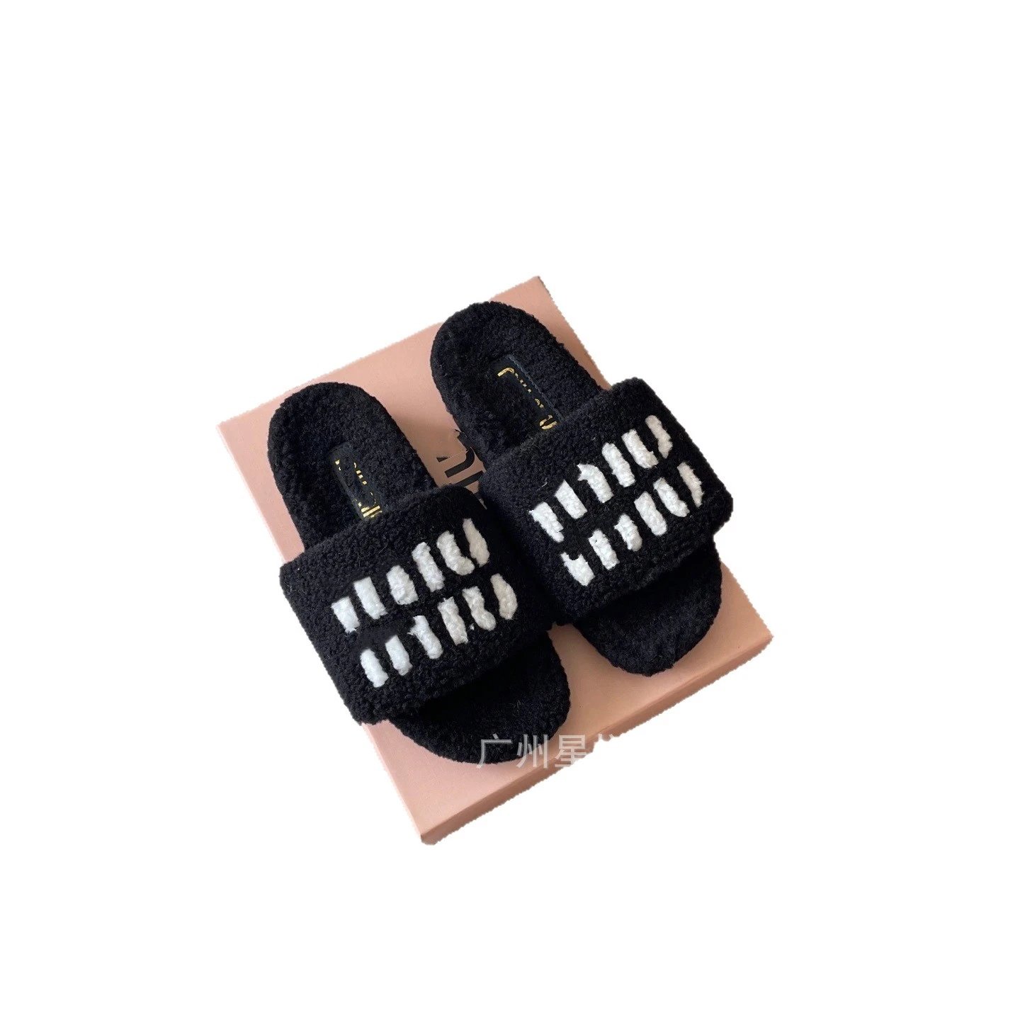Miu Slippers Shearling Logo Slides image 5