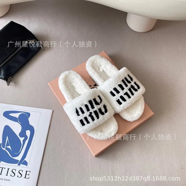 Miu Slippers Shearling Logo Slides product detail image 6