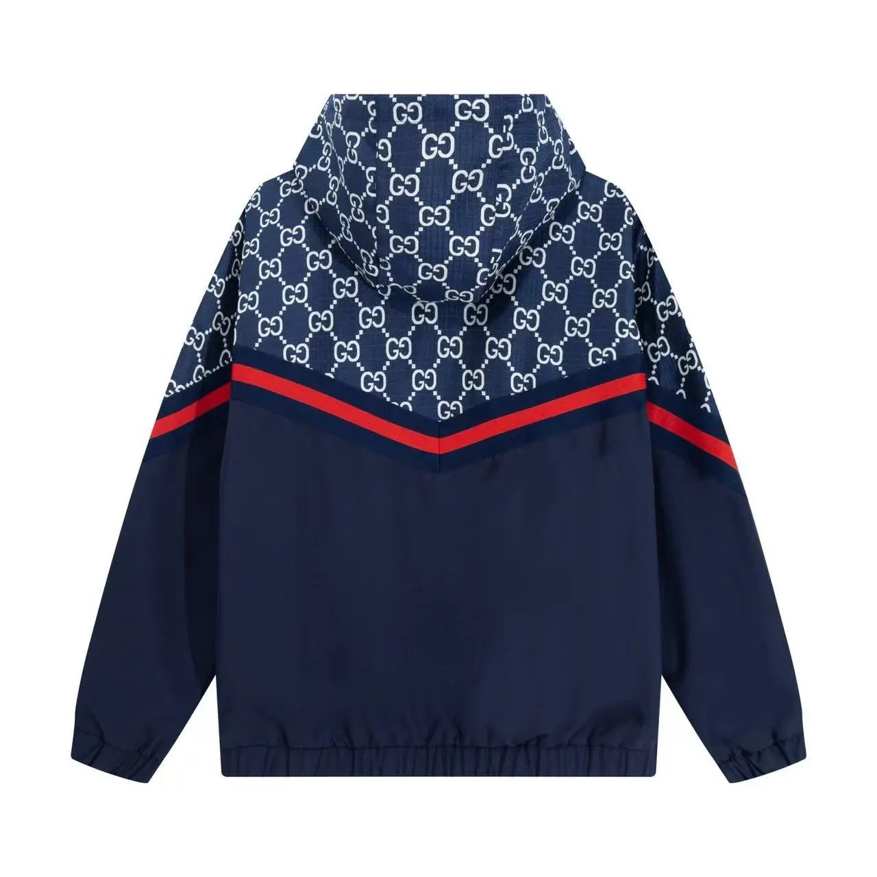 Gucci GG Monogram Windbreaker Navy Blue Red Stripe Jacket - 3