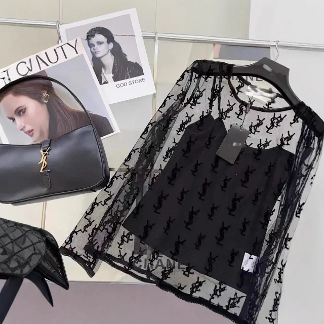 Saint Laurent Shirts Sheer monogram mesh long-sleeve top with camisole product detail image 4
