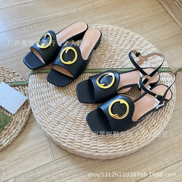 Unbranded Sandals Square-Toe Ankle-Strap with Gold-Tone Round Buckle product detail image 5
