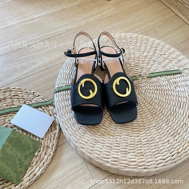 Unbranded Sandals Square-Toe Ankle-Strap with Gold-Tone Round Buckle product detail image 9