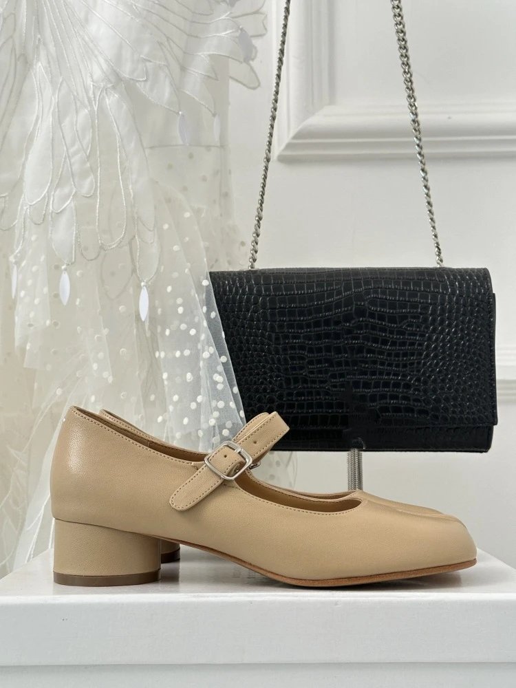 Black Mary Jane Block Heel Leather Shoes - 19