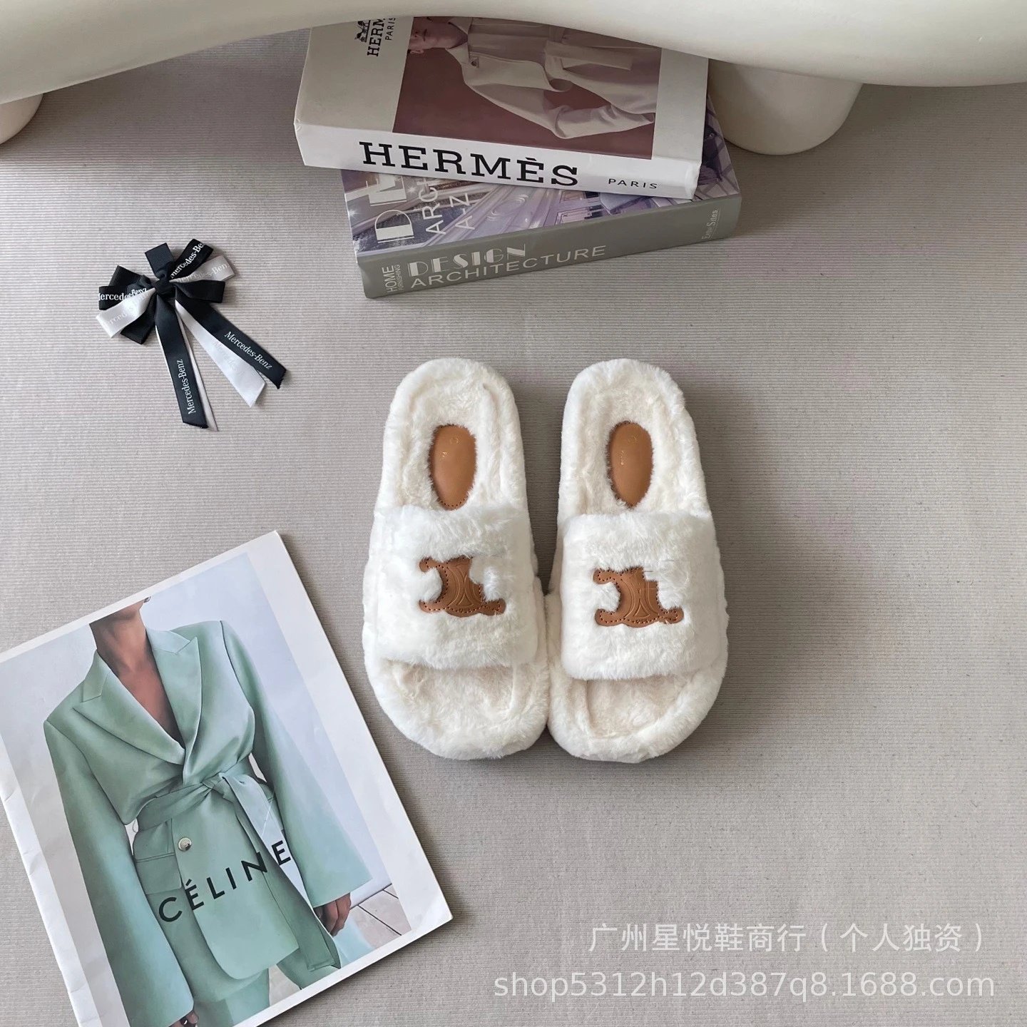 Celine Triomphe Logo Faux Fur Slippers White - 9